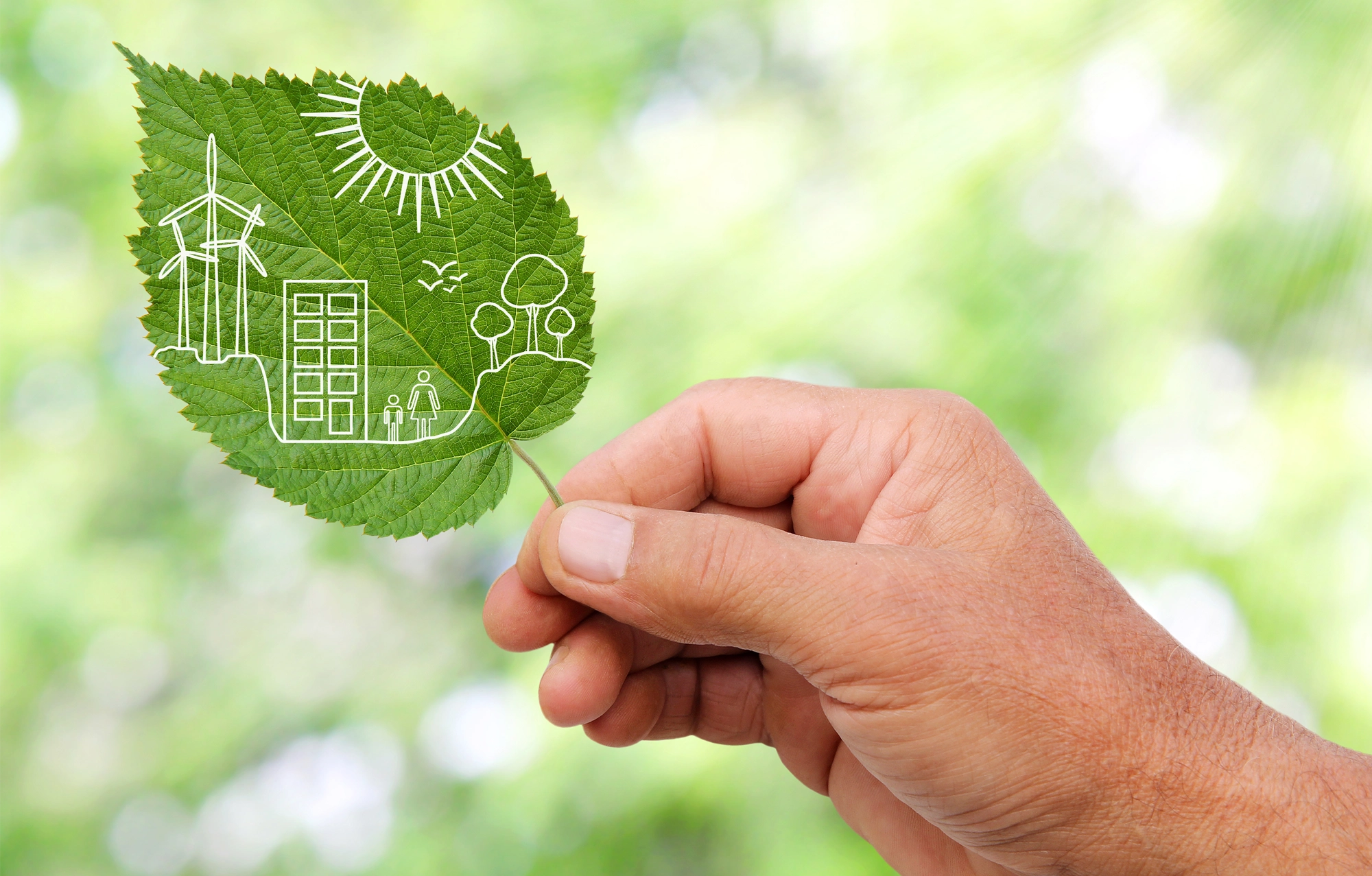 Hand hält ein Blatt mit Umweltsymbolen darauf